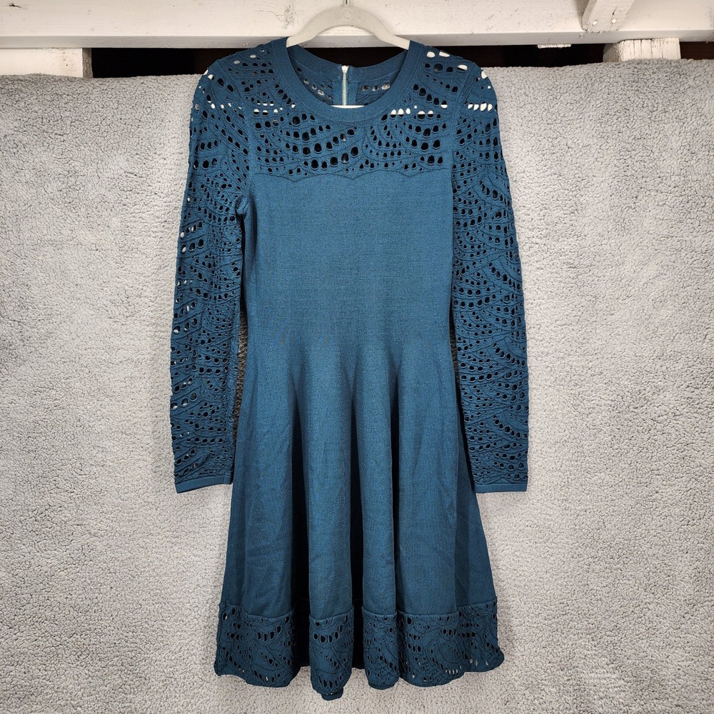 Milly Womens Size Medium Teal Blue Eyelet Knit Fit‎ Flare Dress Long Sleeve